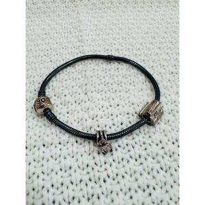 Pandora 925 ALE Black Bracelet Good Luck Horseshoe Charm 7.5"